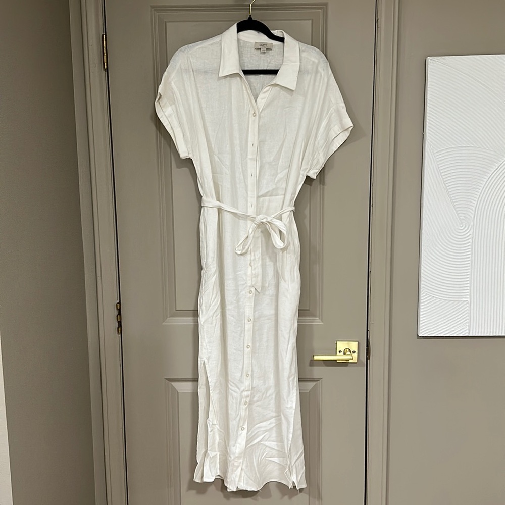 White Linen Collared Button Down Shirt Dress, Short Sleeve, Midi
